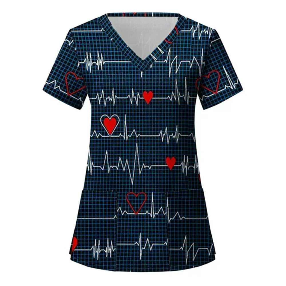 Tops Women Scrub Nurse Print Short Sleeve Cartoon V-Neck Tops Working T-Shirts Heart Print Healthcare Tunic Carers Workwear Tops