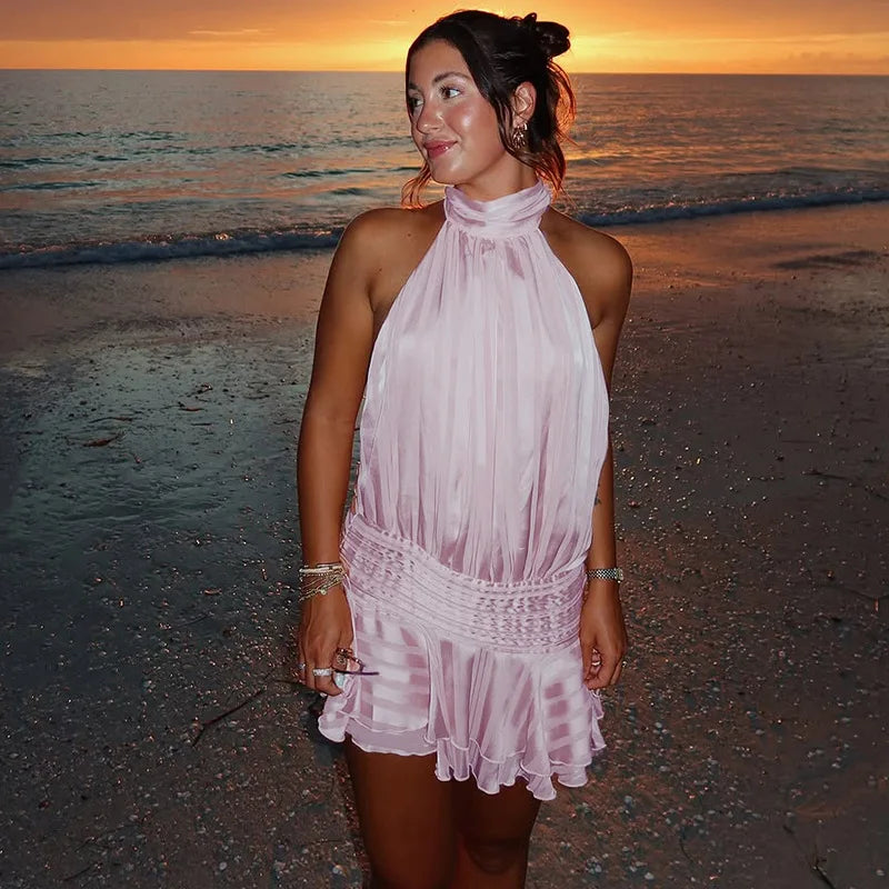 Stunning Shiny Ruffles Lace Up Mini Dress Women's Chic Loose Hollow Out A-line Pleated Vestidos 2026 New Lady Summer Party Gowns