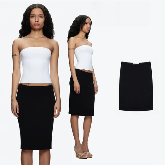 Tank Usd Dollar Print Skirt, Black Mid-Low Waist Bodycon Skirt, Double-Layer Rayon Fabric, Low-Waist Slimming Elastic Versatile Stylish Mid-Length Skirt