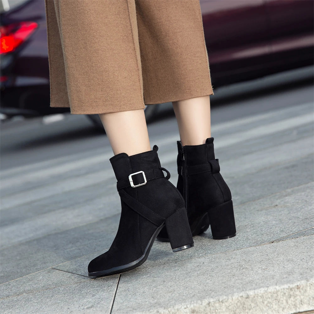 Women High Heels Ankle Boots 2025 Round Toe Elegant Short Booties Ladies Ankle Boots Buckle Decoration Black Blue Autumn Winter