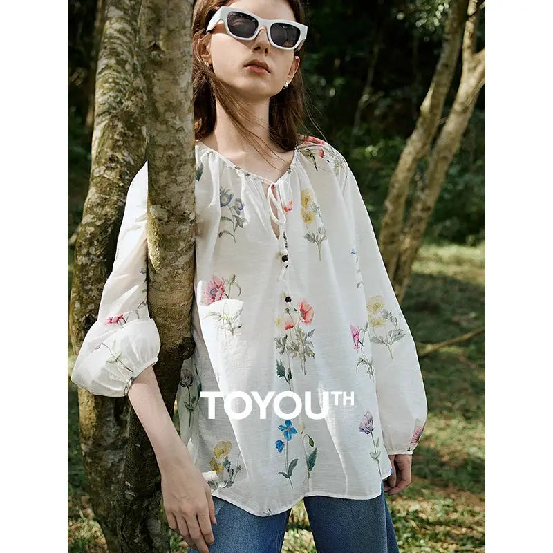 TOYOUTH Women Blouse Shirt 2025 Spring New Linen Floral Printed Velvet Casual Pullover Tops BAZAARHUBO