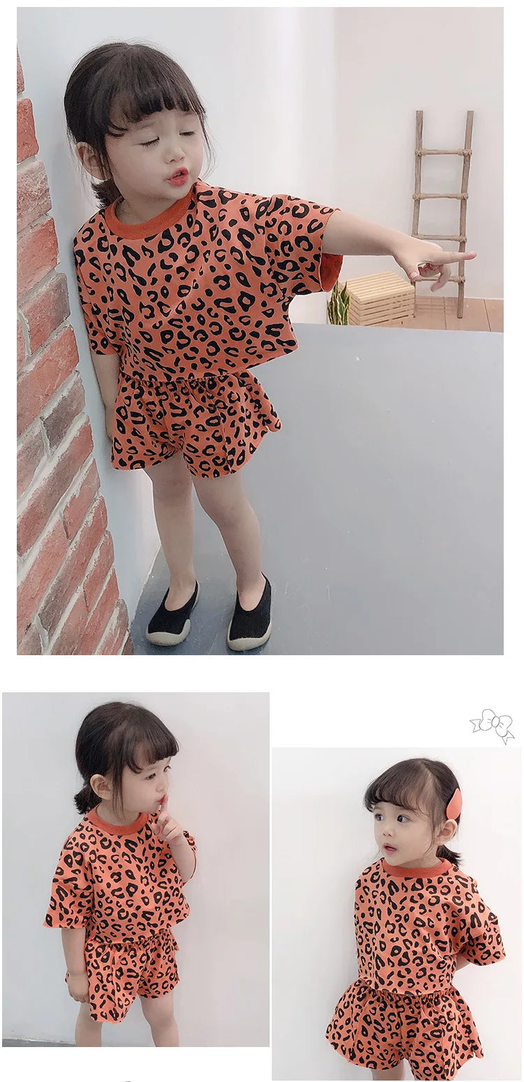 Fashion Baby Girls Sets Casual Summer Clothes Mother Kids Leopard Print Suit Cotton Short Sleeve T-shirt Pants Children's Set