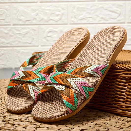 Summer Women Linen Slippers Home Ladies Lightweight Indoor Anti Slip Shoes Thick Sole Beach Slides Bohemian Style
