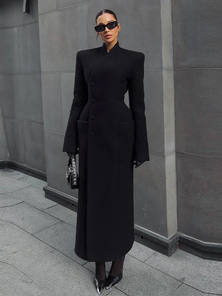 Elegant Long Coat Women V-neck Solid Slim Single-breasted Waist-closed Jackets Lady 2026 Spring Chic Female Streetwear
