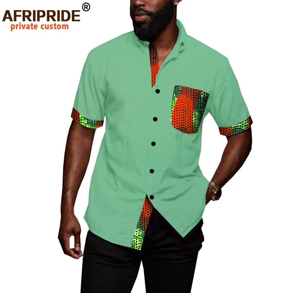African Shirts for Men Denim Thin Shirt Short Sleeve Pockets Slim Slight Elastic Jeans Cowboy Shirt Clothing Crop Top A2012006