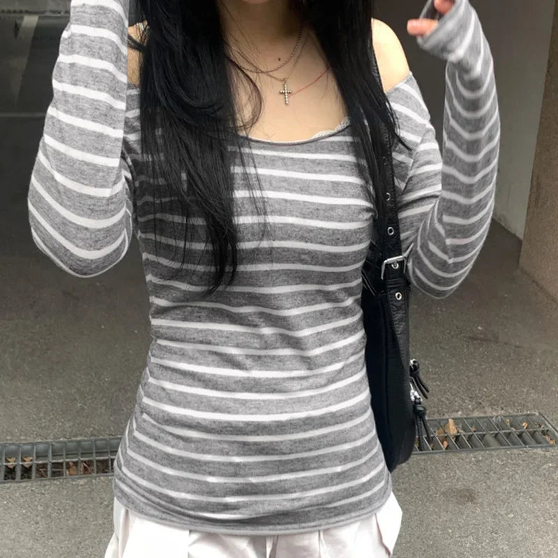 Womens Striped O Neck Long Sleeve Knit Top Slim Fit Korean Street Style