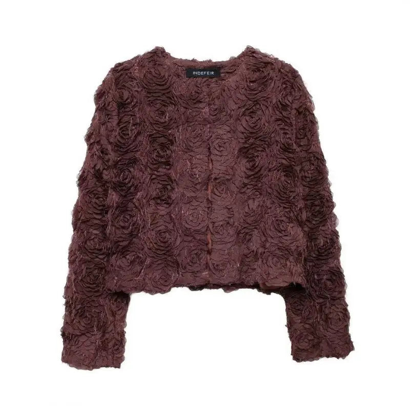 Spring and Autumn Simple Pure Color Round Neck Tops with Three-Dimensional Flower Shaped Texture Long Sleeved Jacket for Women
