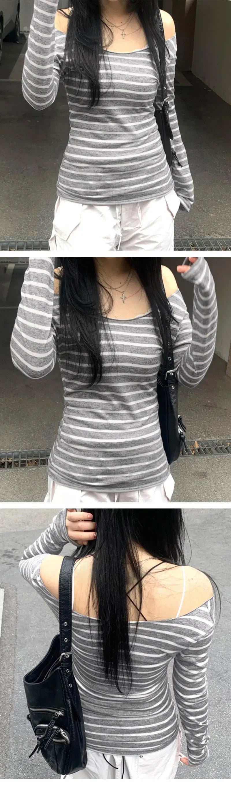 Womens Striped O Neck Long Sleeve Knit Top Slim Fit Korean Street Style