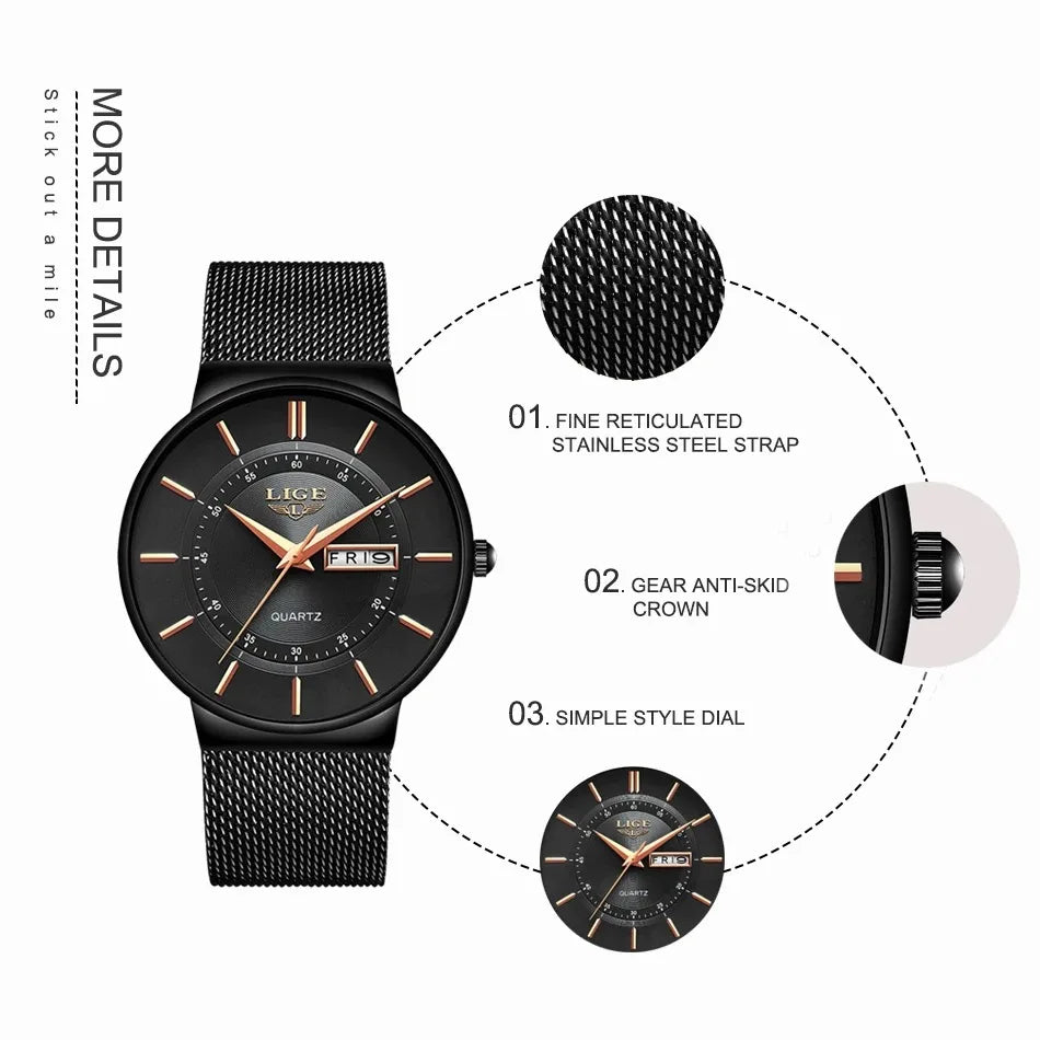 LIGE Fashion Man Watch Waterproof Sport Calendar Quartz Watch Men Top Brand Luxury Steel Strap Men's Watches Relogio Masculino