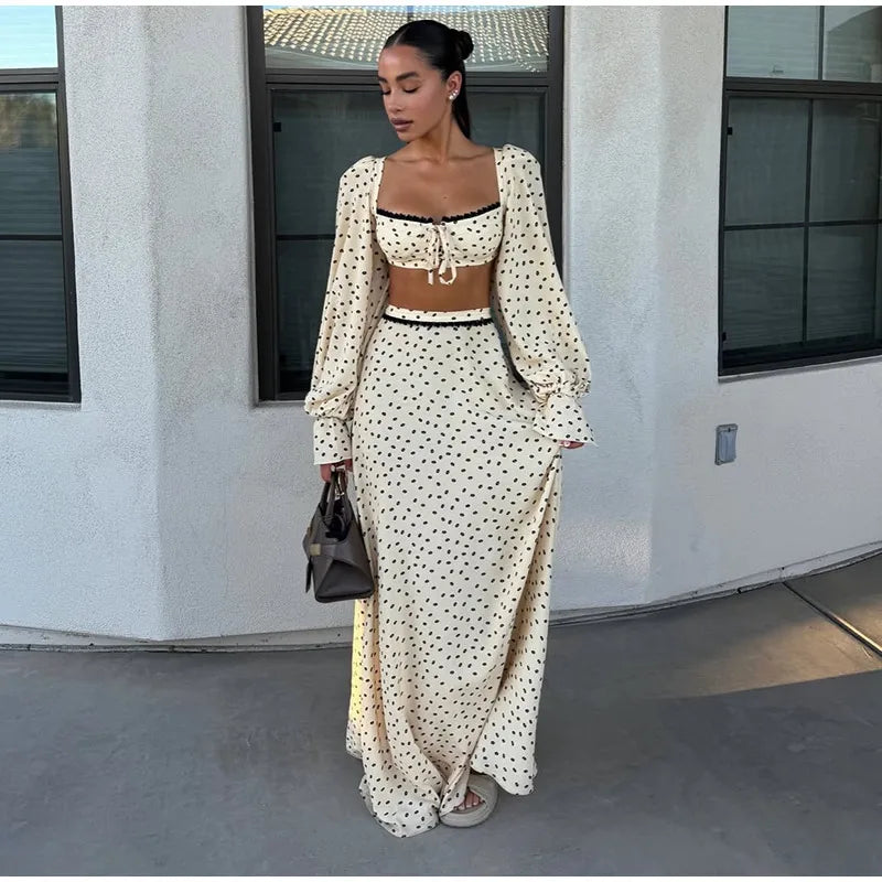 Elegant Female 2 Piece Skirt Set Polka Dots Printed Suit Cropped Short Sleeves Square Neck Top Slit High Waist Skirt Vintage Set