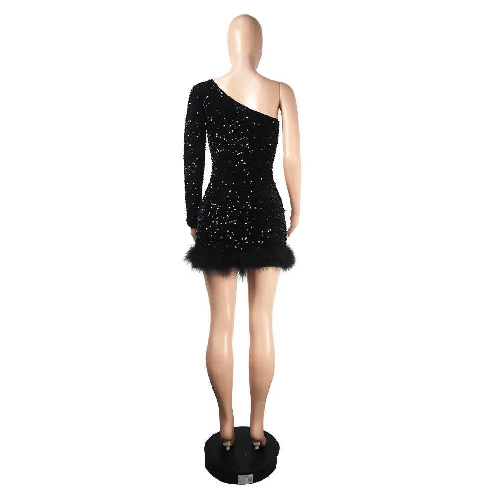 Sexy and Elegant Women's Party Dress Long Sleeved Diagonal Shoulder Off Shoulder Sparkling Edge Sequin Tight Women's Prom Dress