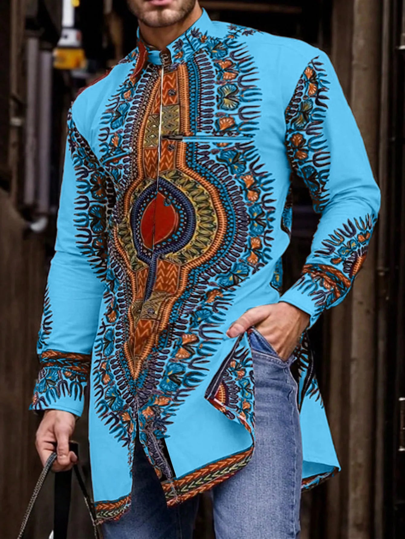Ethnic Style African Tribal Men Shirts Round Neck Long Sleeve Business Casual Slim Blouses Comfy Traditional Long Tops Gentleman