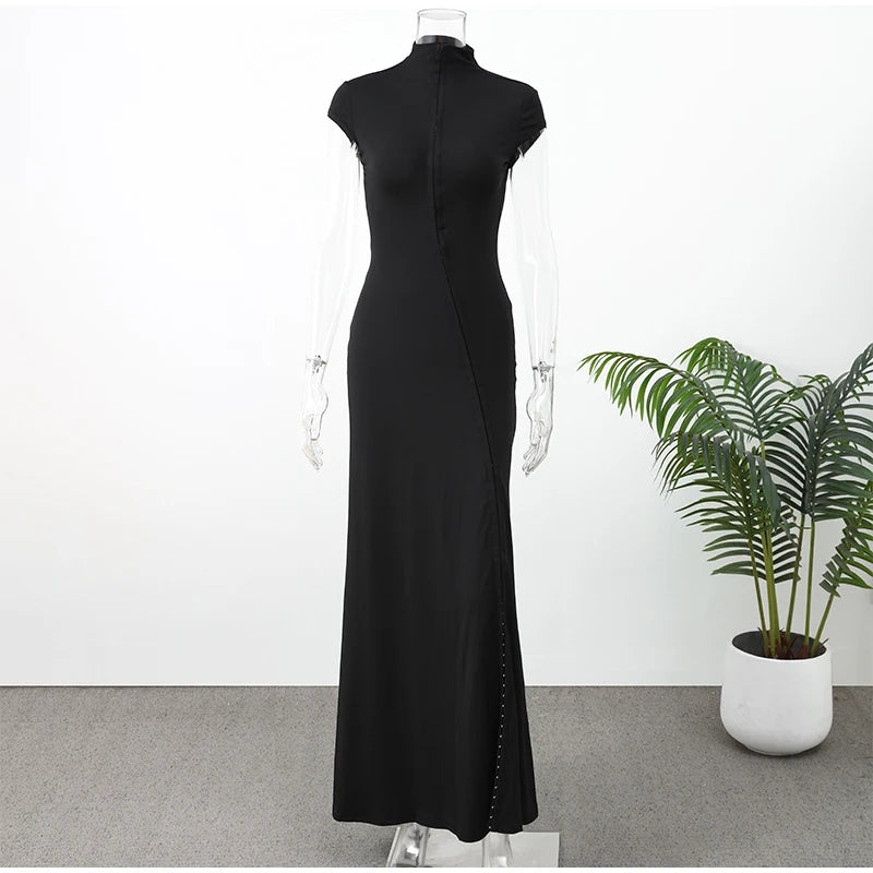 Y2k Black Hollow Out Slit Dress Women Solid Short Sleeve High Neck Slim Fit Maxi Dresses Lady Fashion Evening Party Club Robe