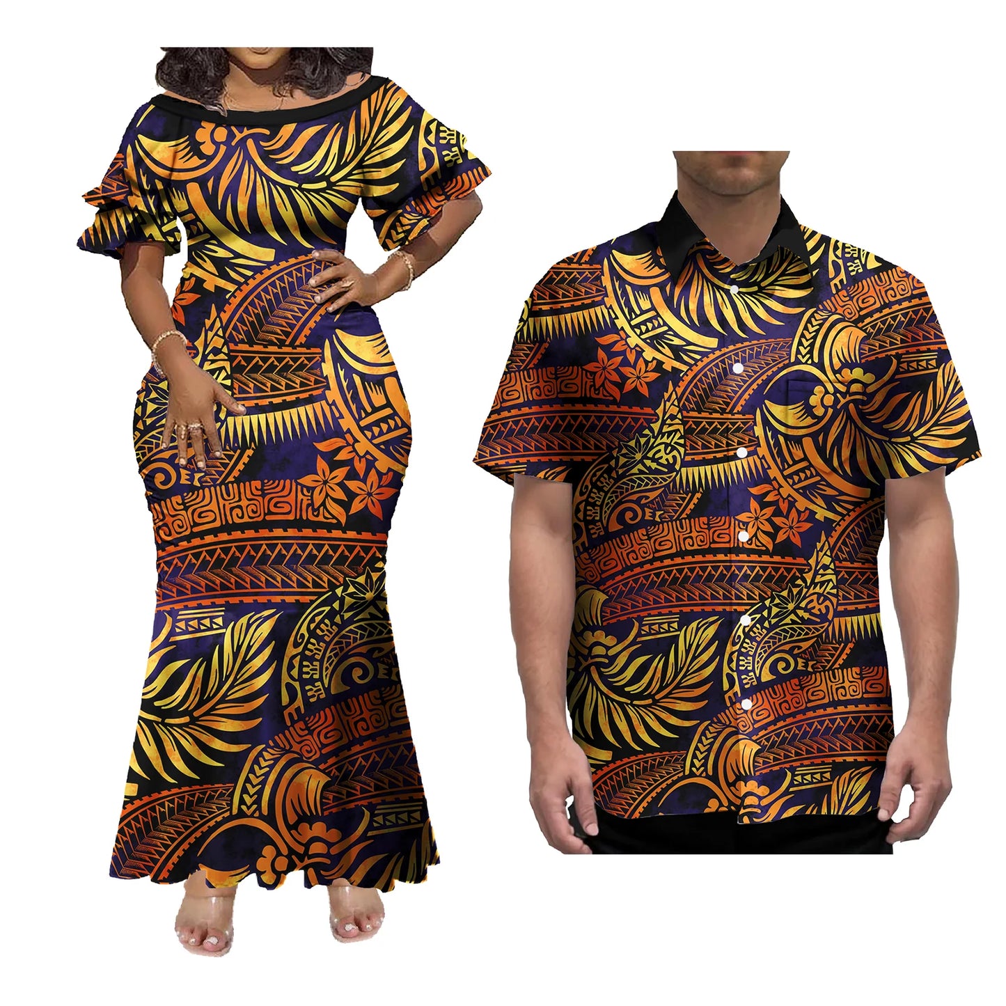 Mermaid Dress And Buttons Shirt Polynesian Couple 2 Pcs Set Plus Size Party Samoan Puletasi Matching Couple Outfits