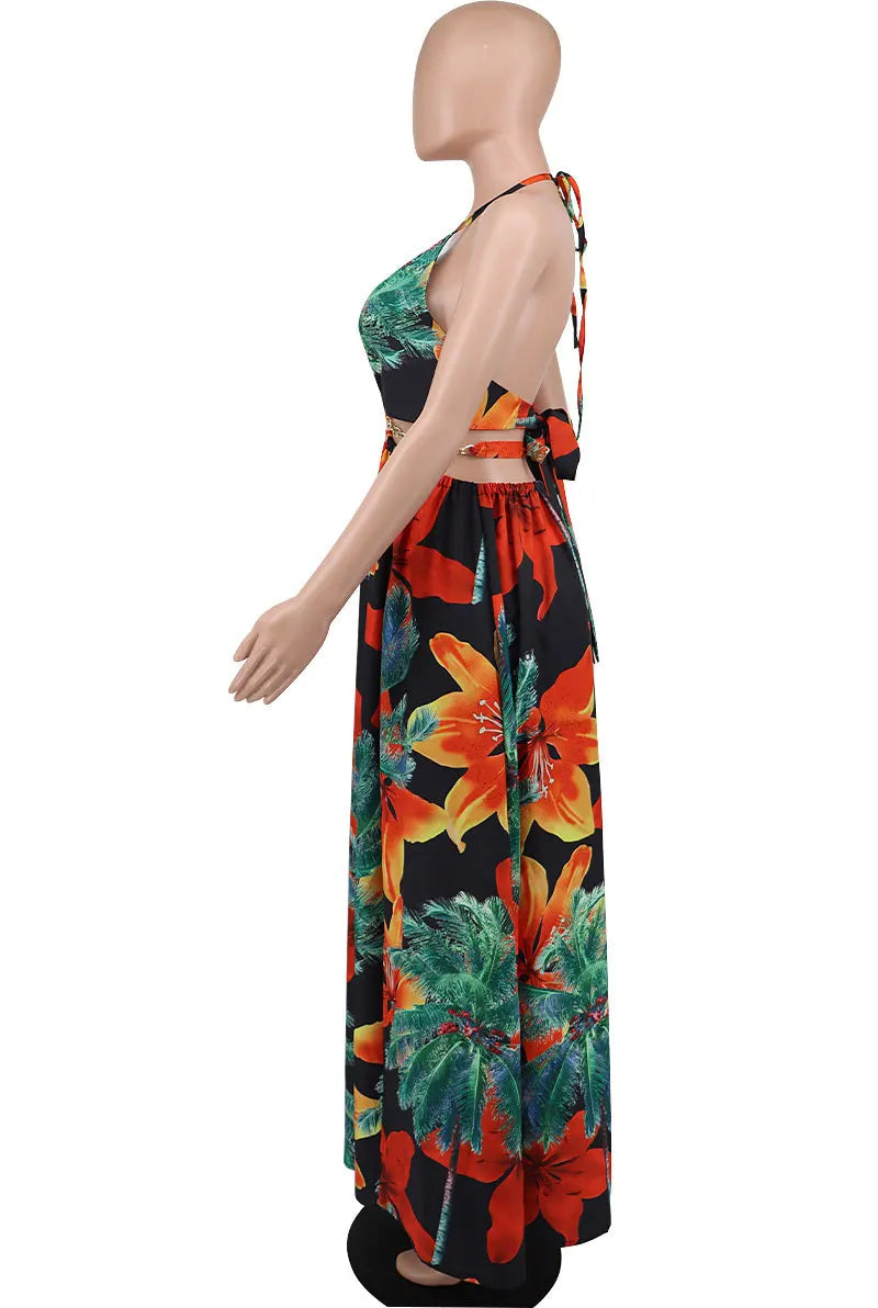 CM.YAYA Elegant Women Floral Halter V-neck Backless Cut Out Waist Chain Sleeveless High Side Split Fit Flare Maxi Long Dresses