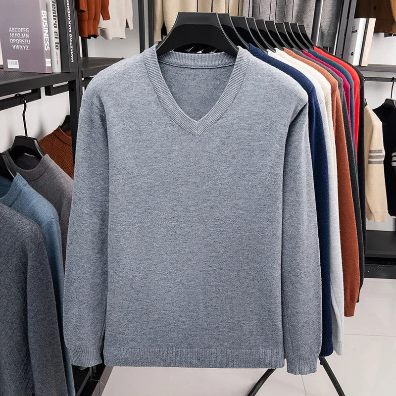 2026 Men's V-Neck Basic Solid Color Sweatshirt Warm Autumn Knitted Oversize Pullover Elastic round Neck Sweater for Casual Wear BAZAARHUBO