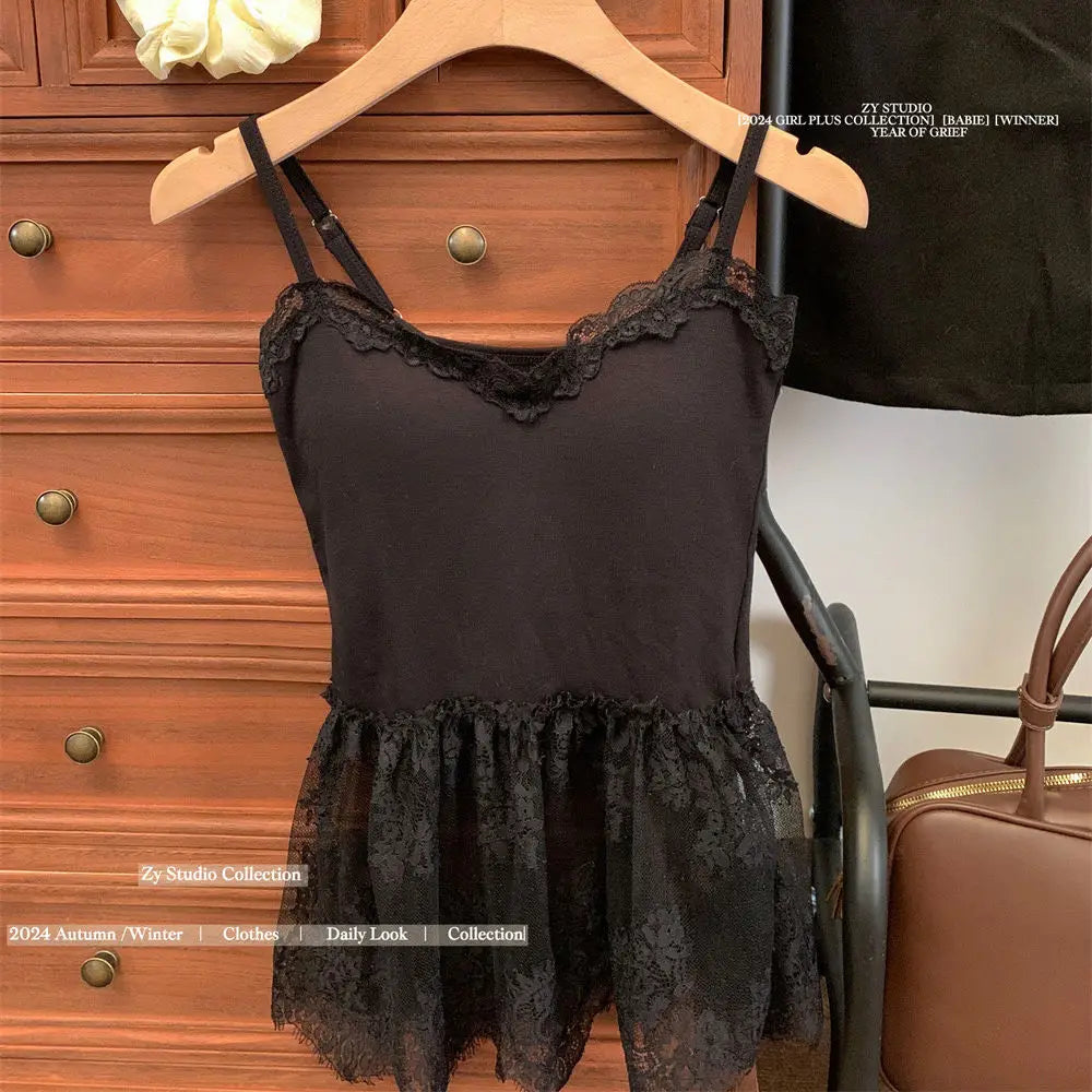 Korean Style Sexy Lace Sleeveless Crop Cami Top Women 2026 Summer Mesh Layer Tank Top Y2K Clothes Ruched Skinny Backless T-shirt