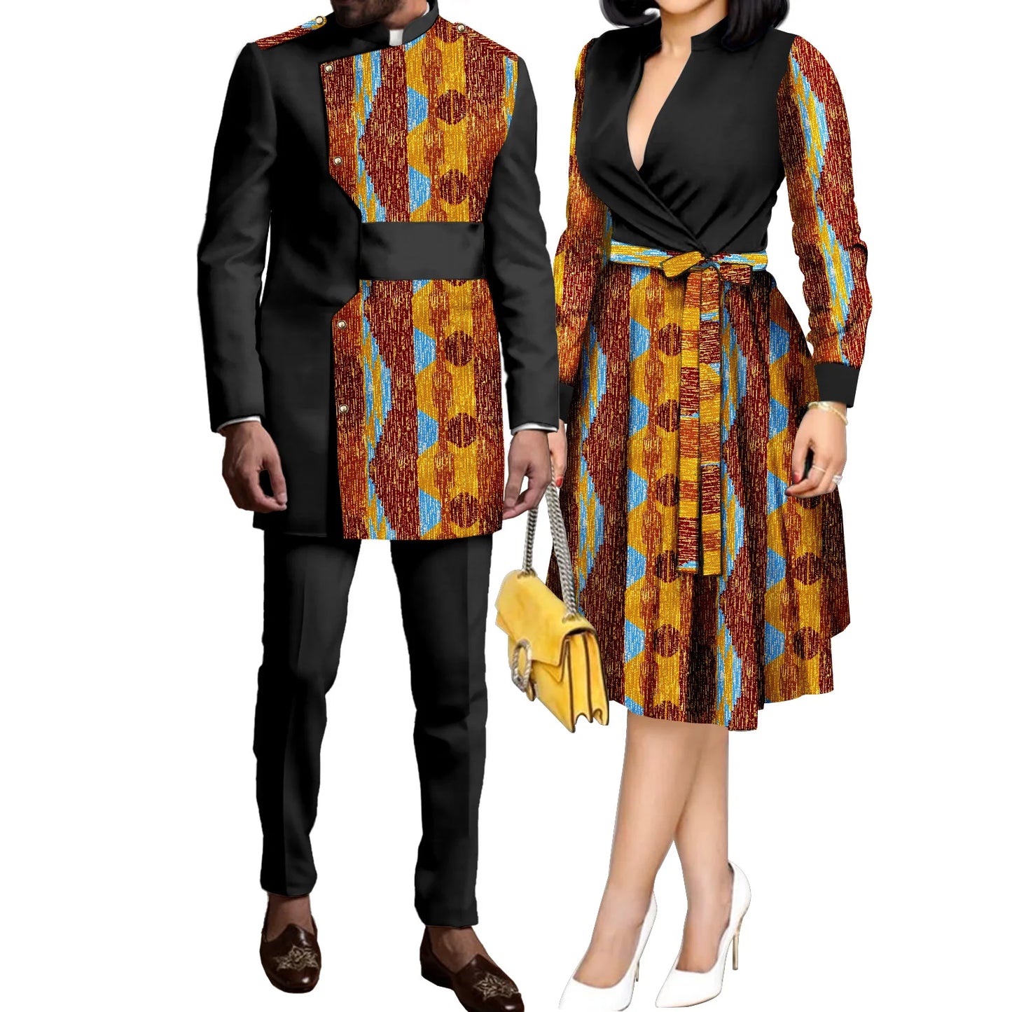 SEA&ALP African Kente Prints Couple Clothes for Wedding Dashiki African Men Long Sleeved Pants Set Matching Women Dresses