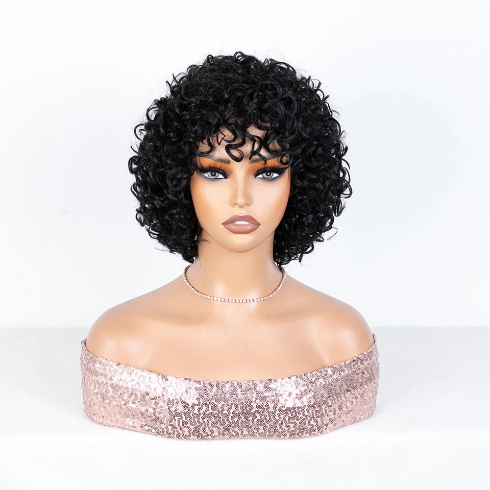 Sleek Short Human Hair Wigs 100% Remy Brazilian Curly Human Hair Wig 10 Inch Water Wave  Wig Natural Black Wigs For Black Women