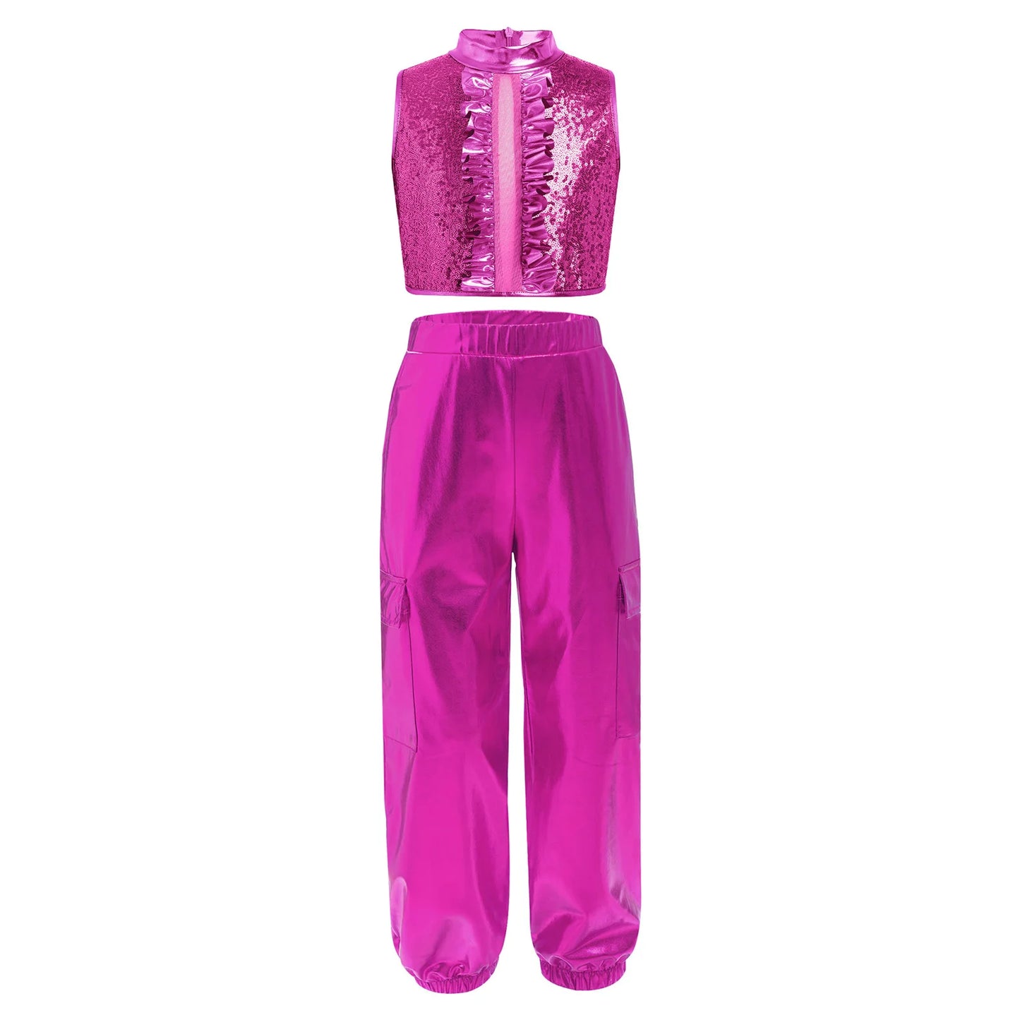 Kids Girls Disco Jazz Hip Hop Dance Outfit Sleeveless Shiny Sequin Ruffle Crop Top with Metallic Pants School Show Party Costume
