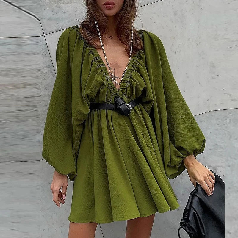 NHKDSASA Women Elegant Solid Loose Dress Summer Casual Long Sleeve Ruffle Dress Ladies Fashion V Neck A-line Party Dress Vestido