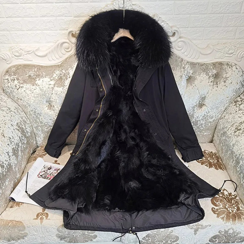 Maomaokong Winter Woman Natural Fur Overcoat Plus Size Black Parkas Raccoon Real Fur Lining Extra Larg Warm Jacket Coats Long