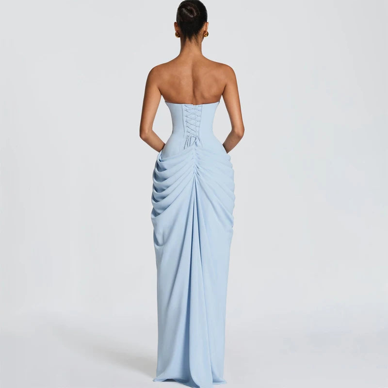 Women Sexy Solid Pleated Strapless Dress Lady Chic Off-shoulder Backless High Waist Split Dresses 2026 New Evening Party Gown