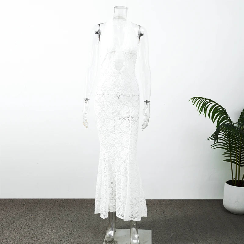 Solid Lace Halter Maxi Dress Sexy Cutout Waist Sheer Slim Fit Fishtail Long Gowns Women's Summer Evening Party Robes 2026 New