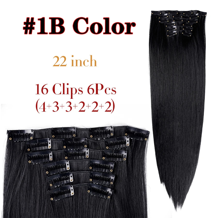 22 Inches Synthetic Long Straight Hairstyle 16 Clips 6Pcs/Set Hair Extensions Blonde Black Hairpieces Heat Resistant For Women