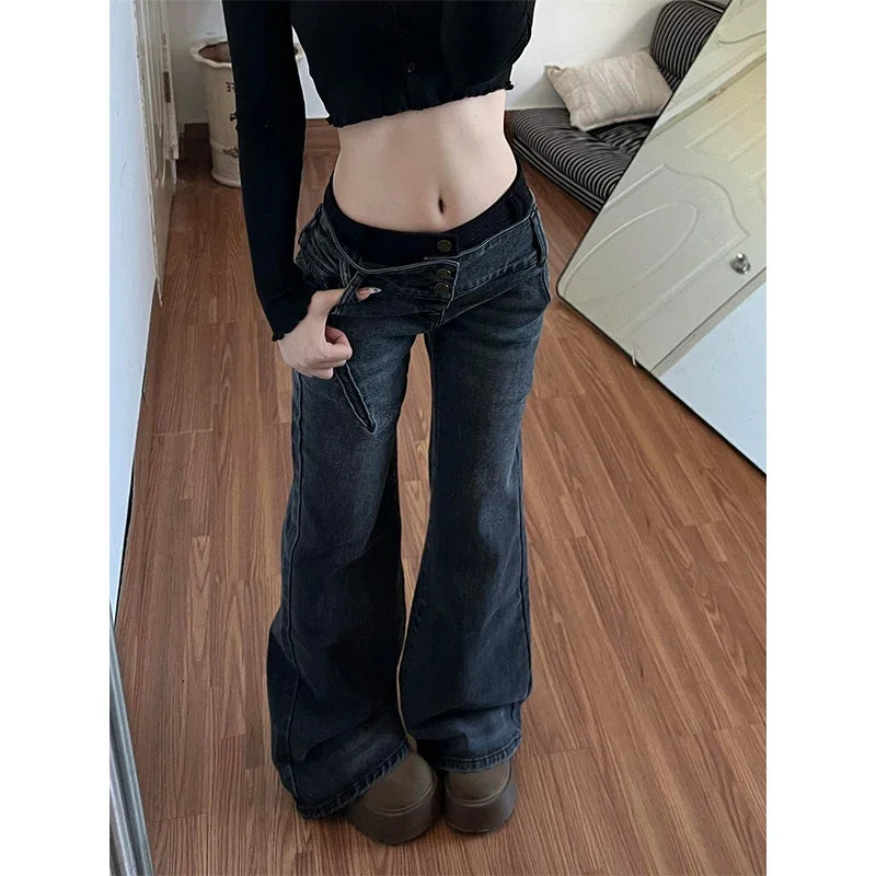 American Style Spicy Girl Design with Patchwork Micro Flared Jeans Women's Retro Washed Vintage Versatile Pants