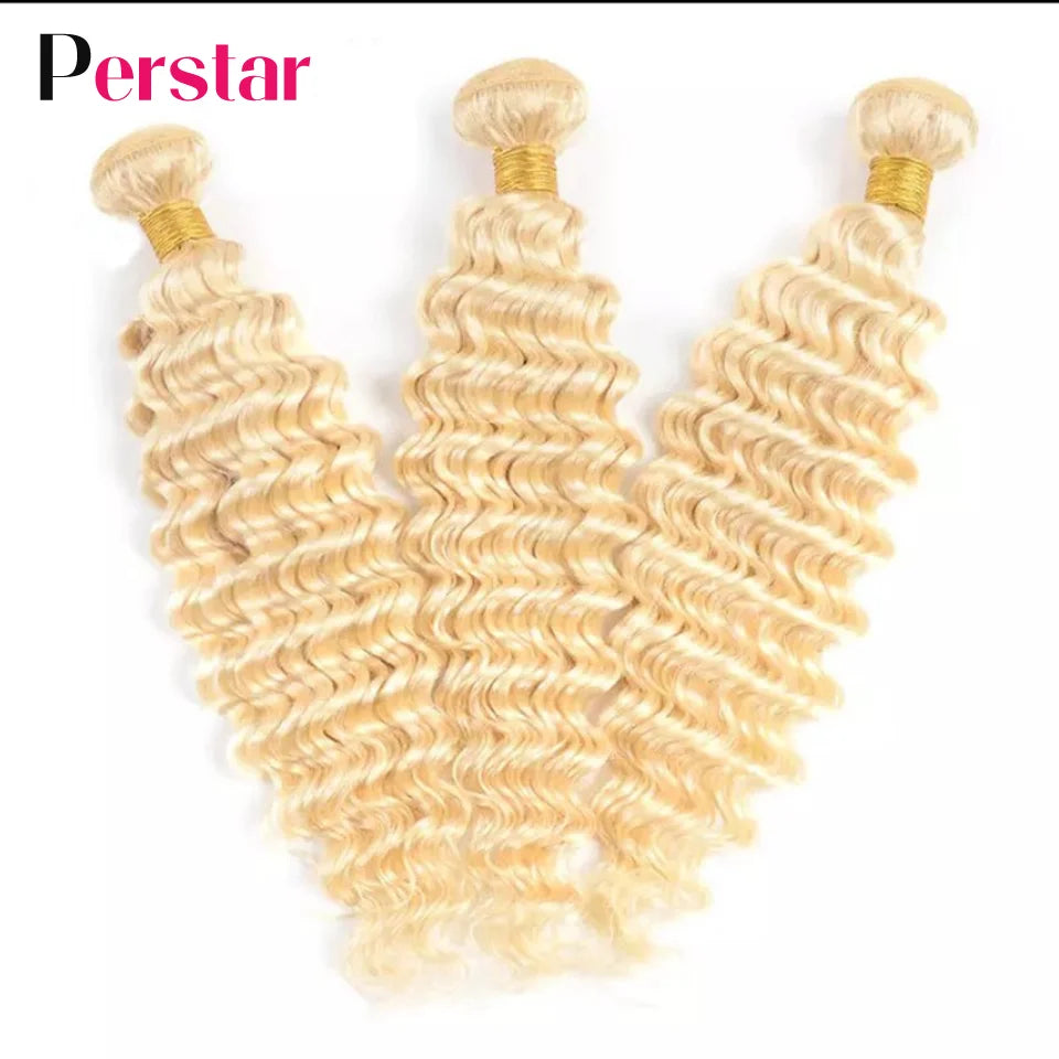 Perstar 613 Blonde Deep Wave Human Hair Bundles Brazilian Hair Extensions 613 Honey Blonde Deep Curly Bundles Human Hair Weave
