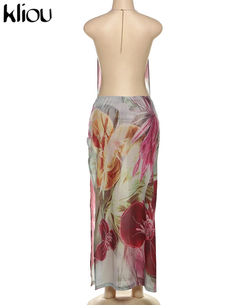 kliou Floral Print Women Dress Vacation Beach Style Suspendency Backless Halter Split Thin Vestidos Female Trend Attractive Wear