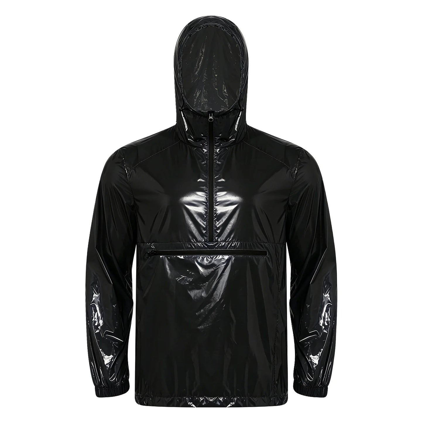 Men Shiny Glossy Hooded Jacket Windbreaker Raincoat for Hiking Fishing Biking Long Sleeve Front Zip-up Drawstring Hood Outerwear