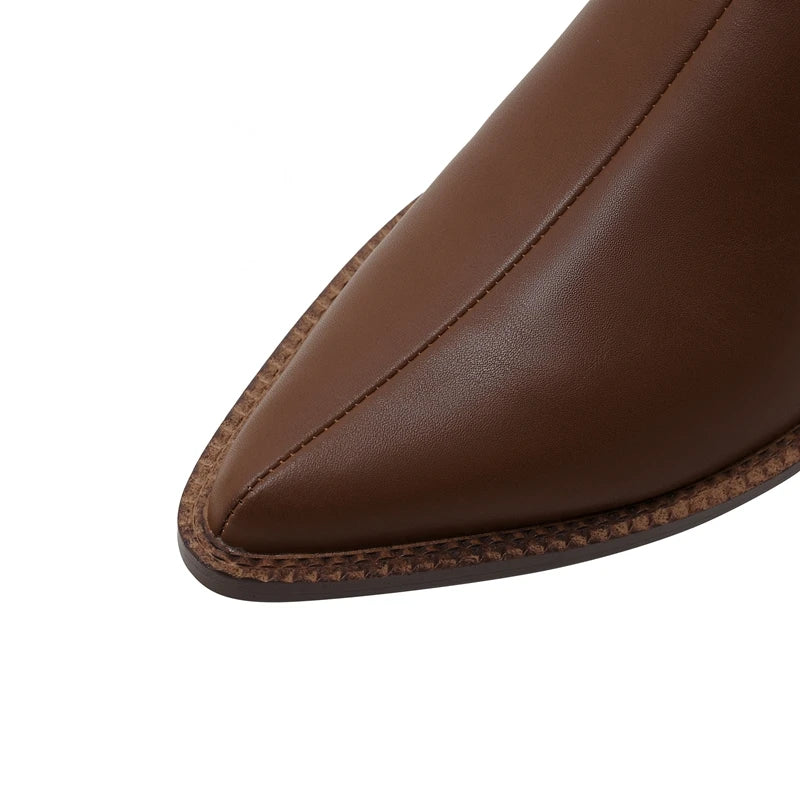 Kaky's New Pointed Cow Tied Leather Thick Heel Medium Heel Large Women's Slippers, Wrapped Half Slippers, Muller Shoes