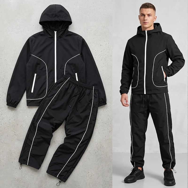 Men's Trendy 2 Piece Tracksuit Set Hooded Full Zip Windbreaker Jacket Coat Tops Quick Dry Athletic Jogger Pants Trousers