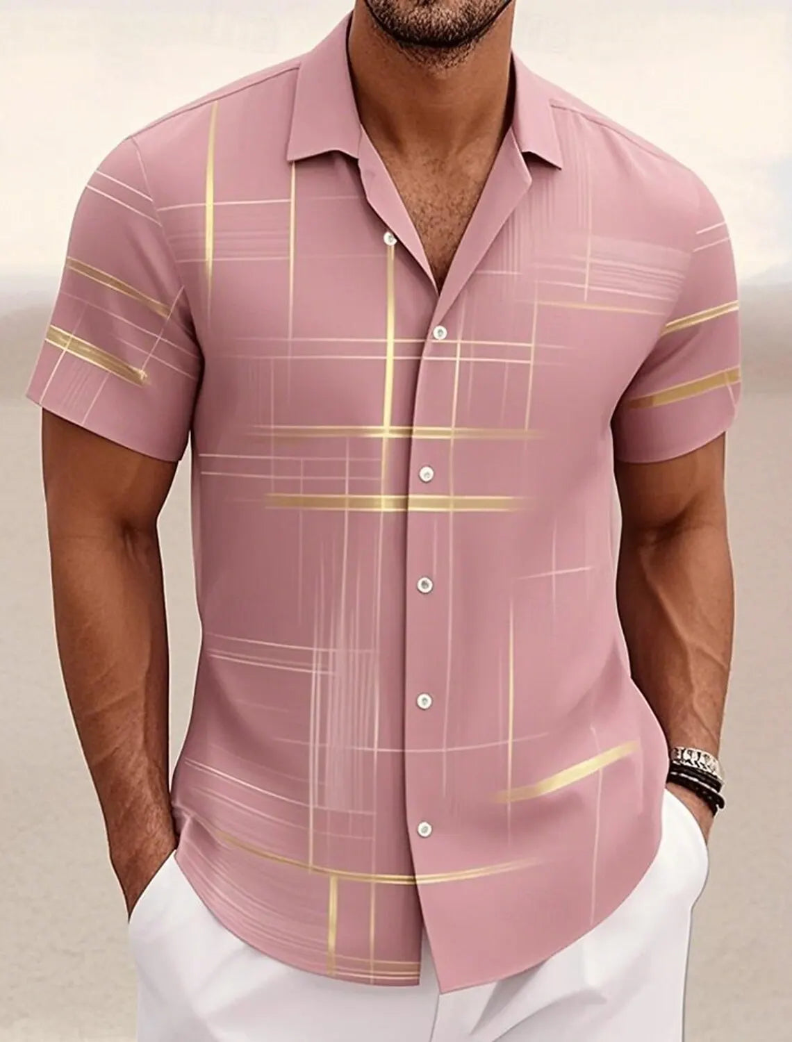 Summer Men's Geometric Grid  Plaid Shirts Short SleeveTurndown Hawaiian Shirt Button Up Shirts No Pockets Shirts