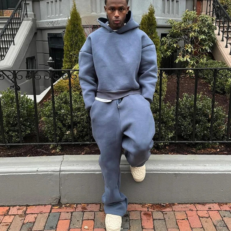 Men's Casual Solid Hooded Pullover Straight Pants 2 Piece Set Tracksuit For Fashion Loose Hoodies Sweatshirt Wide Leg Sweatpants