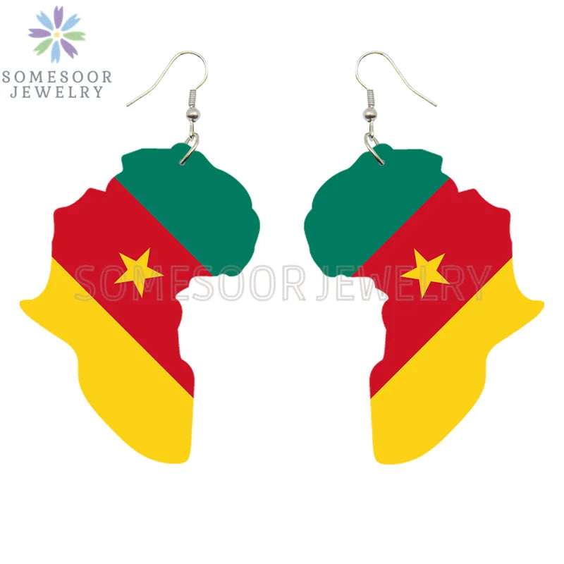 SOMESOOR Afro Countries National Flags Print Africa Map Wooden Drop Earrings Pendant For Women African Mainland Dangle Jewelry