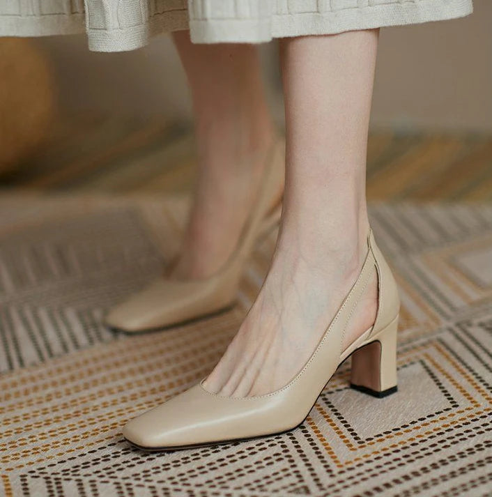 Office Ladies Summer Footwear High Heels Pumps On Heeled Square Toe Shoes For Women 2025 Fashion Leather Casual Slip A Vacation