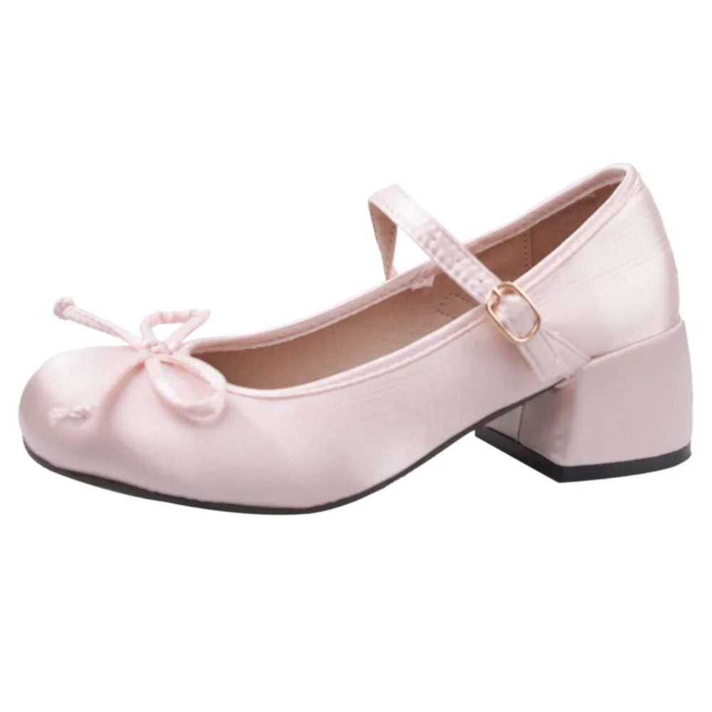 Spring Autumn Thick Heel Pink Shoes Elegant Bow Lolita College Girls High Heels  Women Sandals zapatos de mujer mary jane shoes