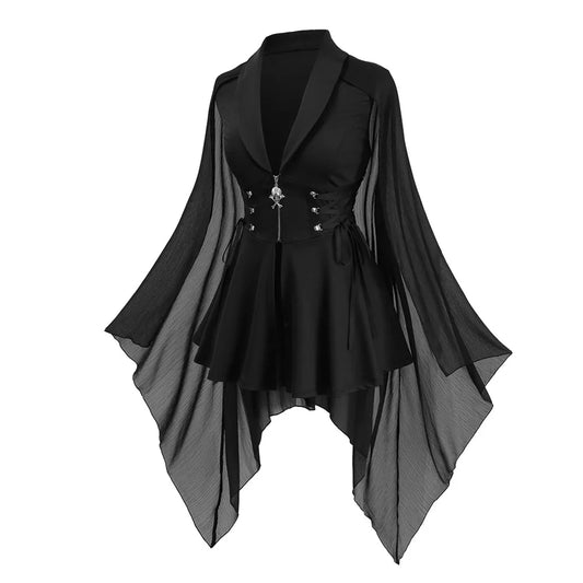 Gothic Coats For Women Plus Size Black Lace Up Skull Zipper Chiffon Bat Sleeves Coat Spring Autumn SY2 Outwears