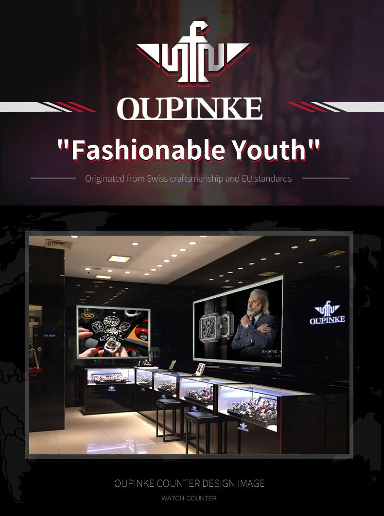 OUPINKE 3179 Automatic Watches for Man Silicone Strap Sapphire Mirror Waterproof Skeleton Tonneau Mechanical Men's Wristwatches
