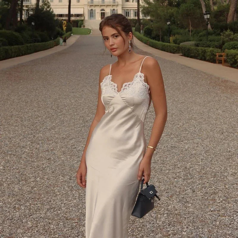 Women V-neck Satin Sling Maxi Dress Sexy White Lace Patchwork Sleeveless Backless Slim Gowns 2026 Evening Party Chic Dresses New
