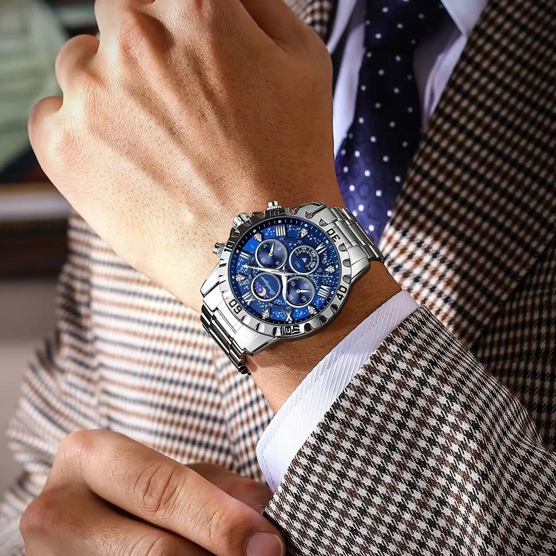 POEDAGAR Trendy Men Watch Chronograph Waterproof Luminous Stainless Steel Man Wristwatch Luxury Business Quartz Watches For Men