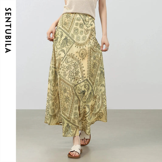 SENTUBILA Bohemian Print Skirt for Women 2026 Summer New Ethnic Elegant High Waist A Line Loose Chiffon Long Skirt W52QA2619