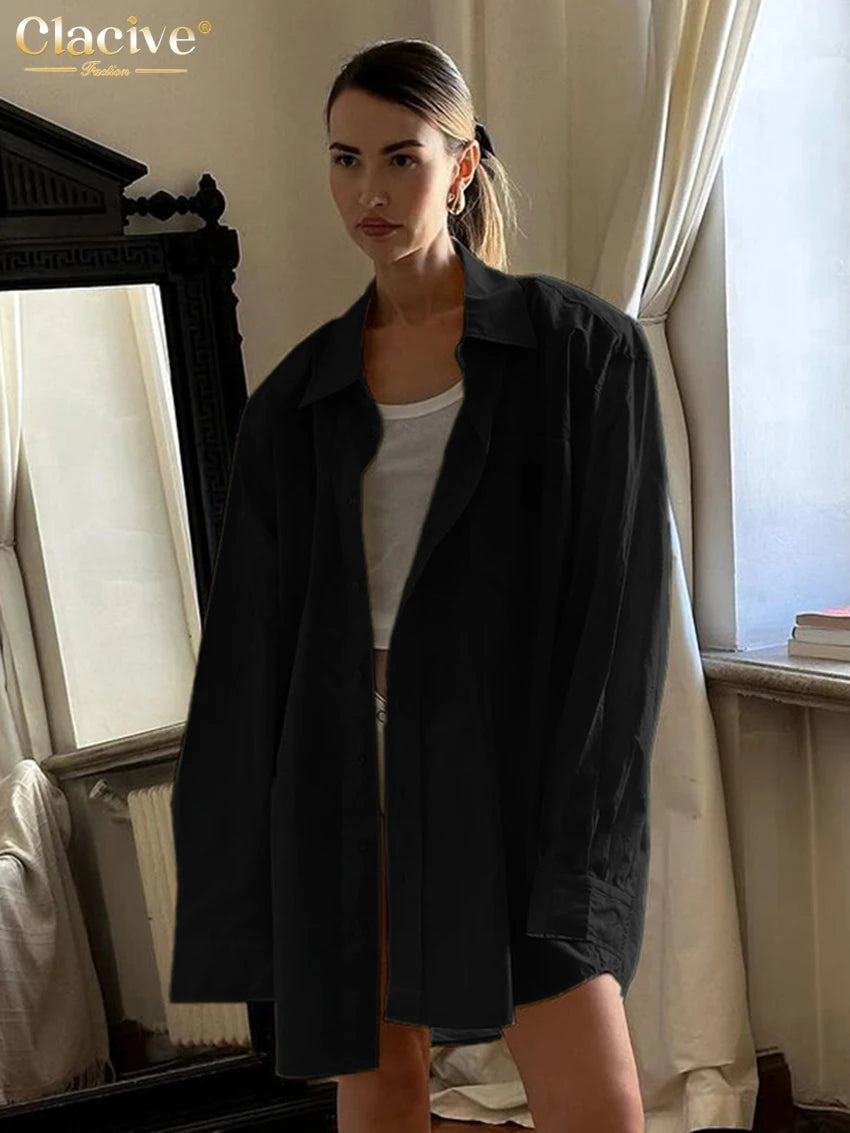 Clacive Fashion Loose Yellow Cotton Women's Blouse 2025 Casual Lapel Long Sleeve Shirt Elegant Simple Solid Top Female Clothing