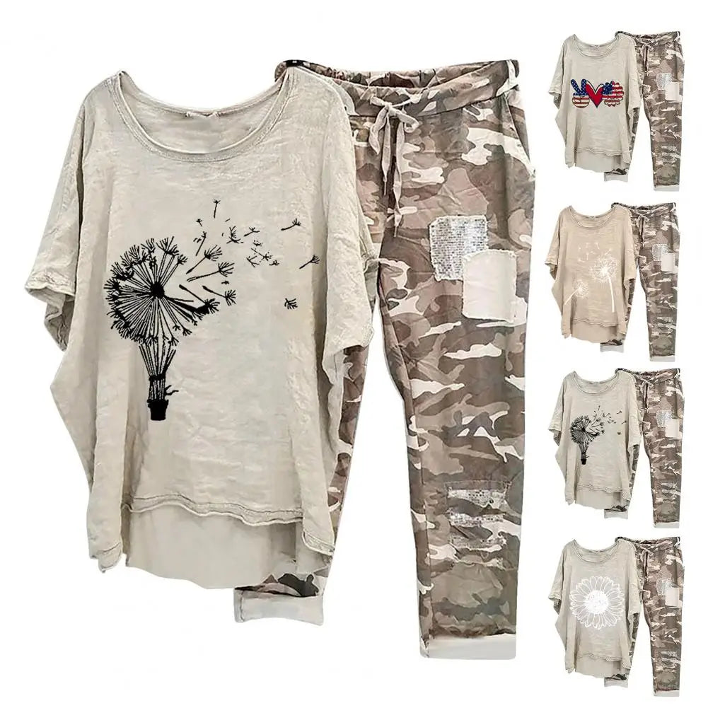 Trendy Women T-shirt Pants Set Half Sleeves Two Piece Suit Women Summer Outfit Plus Size Elastic Waist Sports Outfit