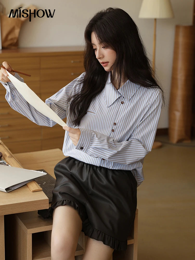 MISHOW Women's Striped Asymmetric Shirt 2025 Autumn New Arrival Vintage Loose Long Sleeve Tops Commuter Woman Clothes MXE42C2375 BAZAARHUBO
