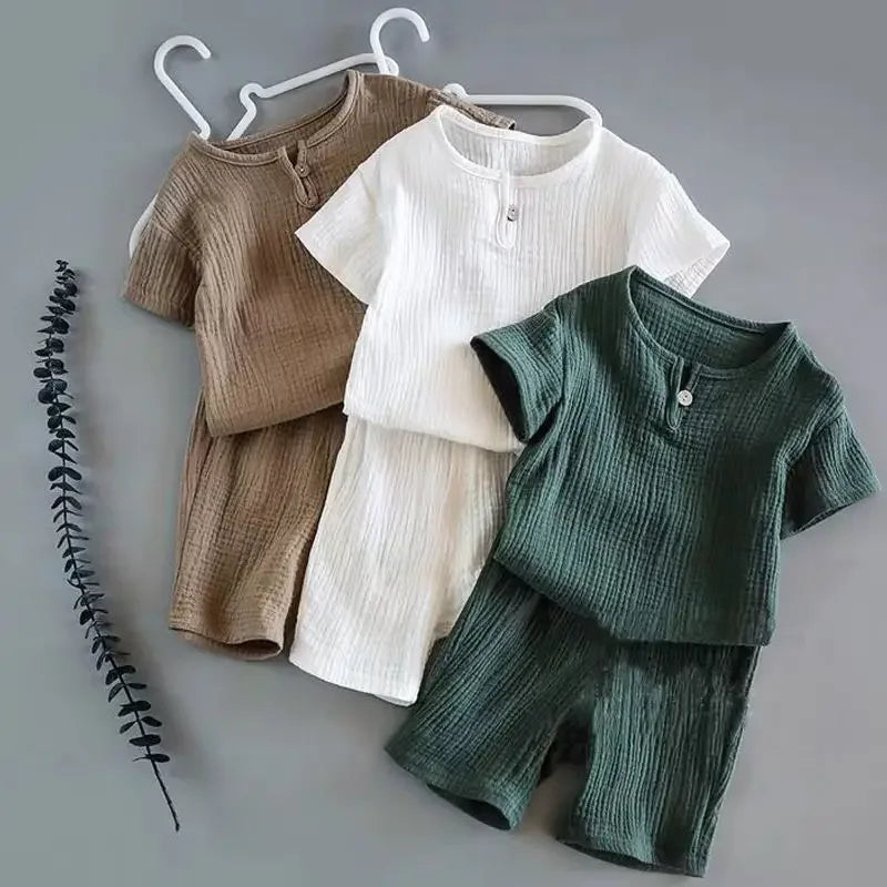 Summer Children's Clothing Set Cotton Linen Sports Baby Girl Boy 2-Piece T-shirt Shorts Outfit for Kids Aged 1-6 Years