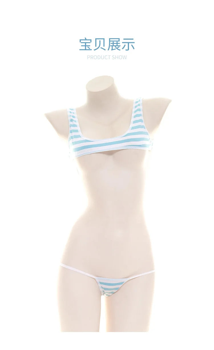 Sexy Japanese Style  Blue White Stripe Bikini Swimsuit Striped Halter Micro Bikini Set Love Female StudenLolita Kawaii Swimsuit